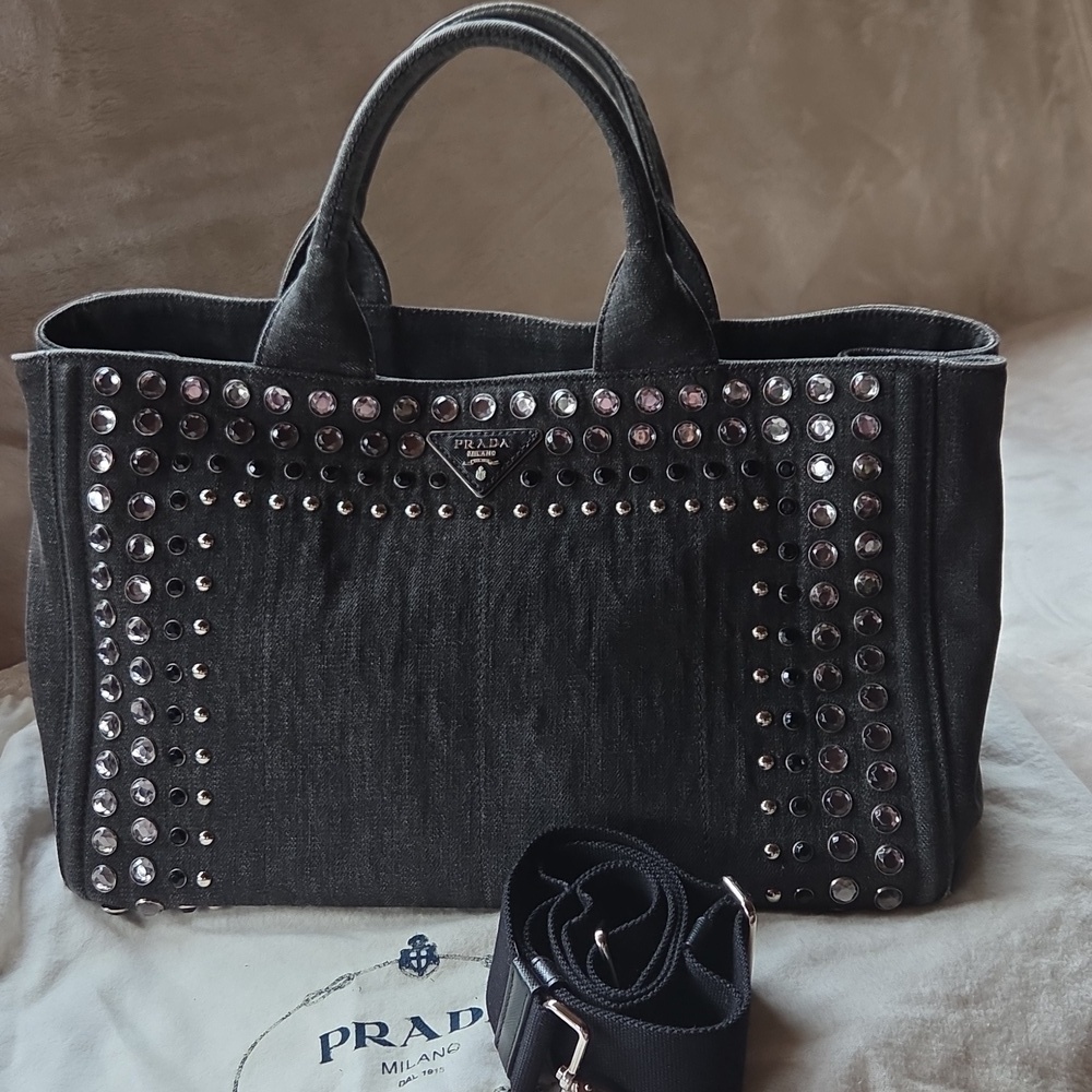 Prada Canapa Black Denim Tote with Metallic Studs